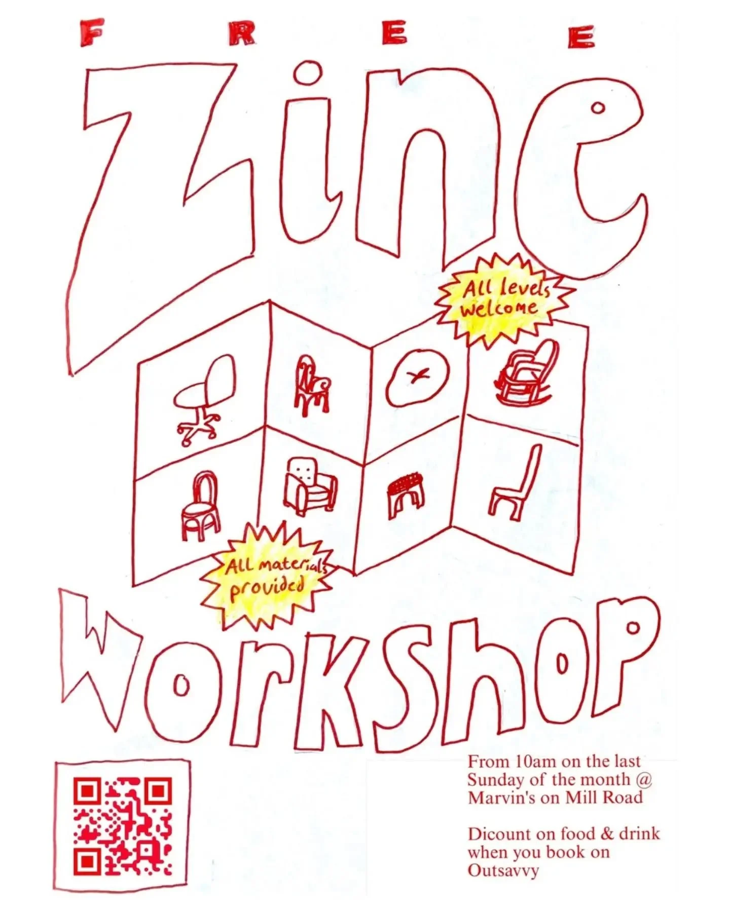 On the last Sunday of every month we run a free, entry-level zine workshop @marvinscambridge on Mill Road. Sign up or turn up (link in bio)! Oh, and get a discounted coffee whilst you craft!

Poster designed by @e.veschmeve