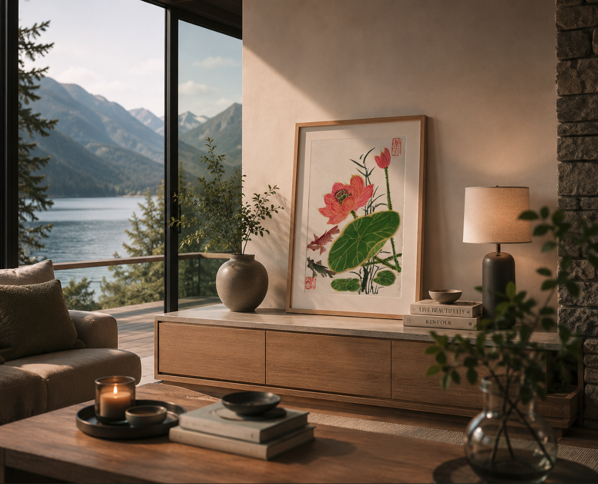 Living room with a wooden console table holding a framed botanical art print, potted plant, lamp, and stacked books, with an outdoor view of a lake and mountains through large glass sliding doors.