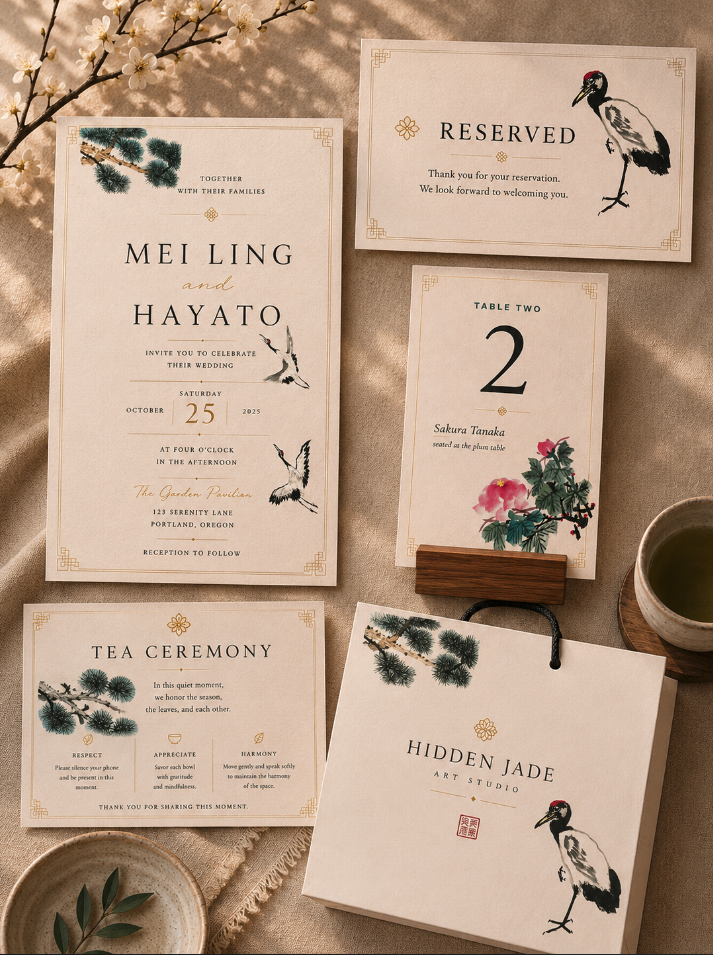 Wedding invitation suite with floral and crane illustrations, including a main invitation, reserved sign, table card, tea ceremony card, and a thank you note, displayed on beige fabric with a cup of tea and decorative branches.