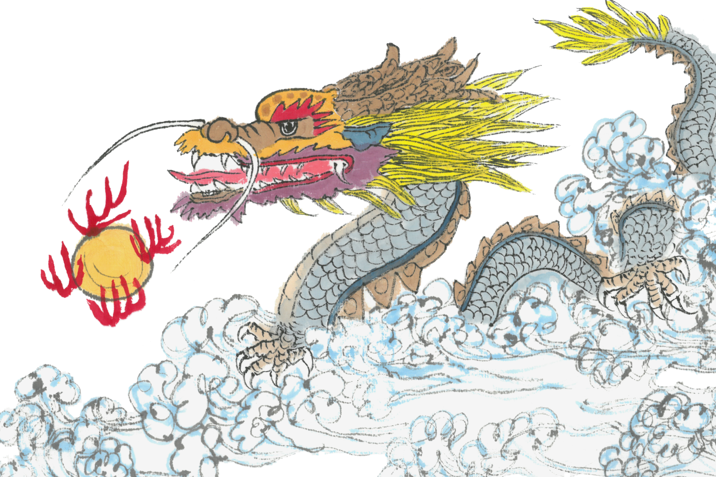 Colorful drawing of a dragon with scales, flowing yellow mane, and a fierce expression, breathing fire over clouds.