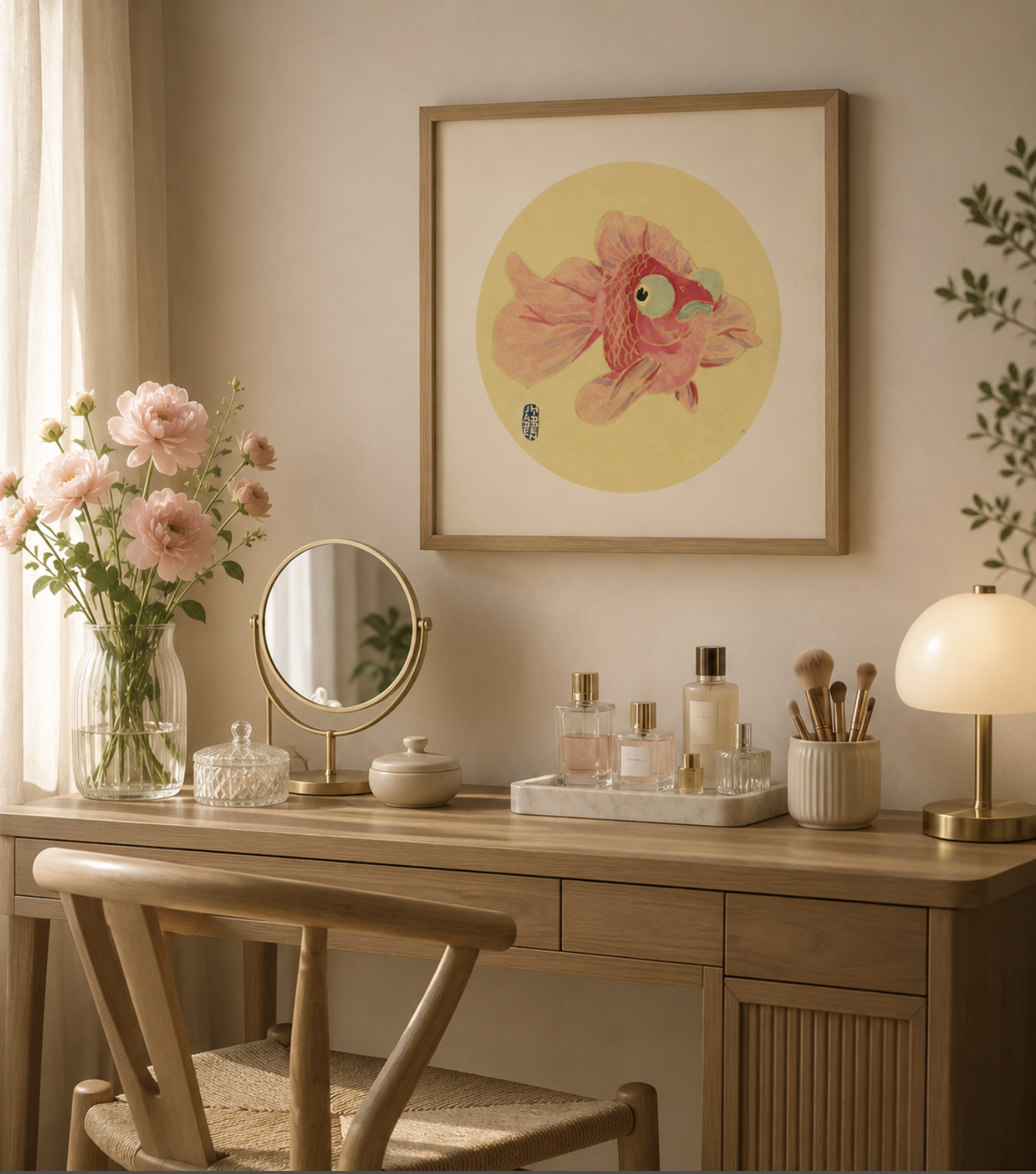 A wooden dresser with a large pink flower arrangement, a small round mirror, perfume bottles, brushes, and a small lamp amid decorative items in a cozy room.