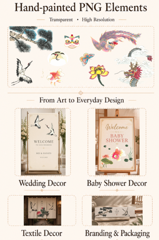 Image showcasing hand-painted PNG elements inspired by art for various design decor, including wedding, baby shower, textile decor, and branding packaging, with themes of nature, floral motifs, and festive elements.