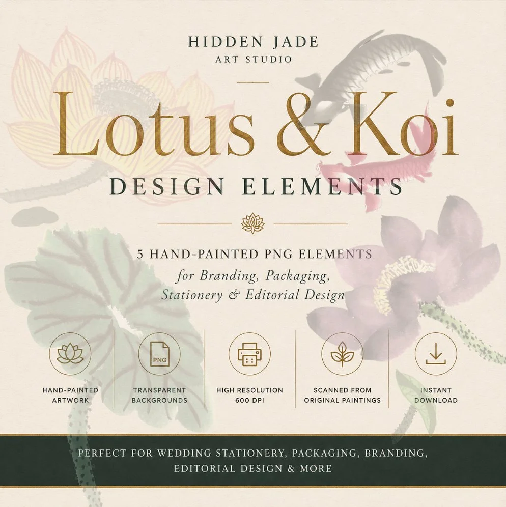 Cover of a design elements pack titled 'Lotus & Koi' featuring hand-painted artwork, transparent backgrounds, high resolution images, original paintings, and instant download options for branding, packaging, stationery, and editorial design.