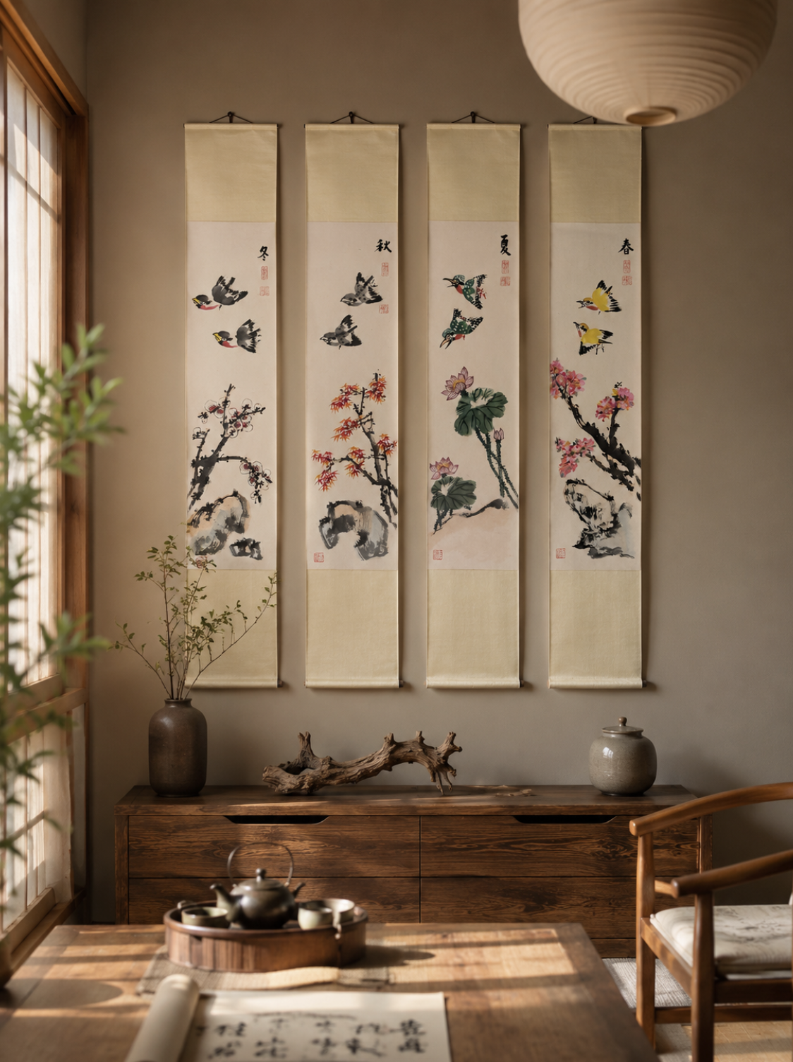Four vertical hanging scrolls featuring traditional Japanese ink and watercolor paintings of birds and seasonal plants on a beige wall.