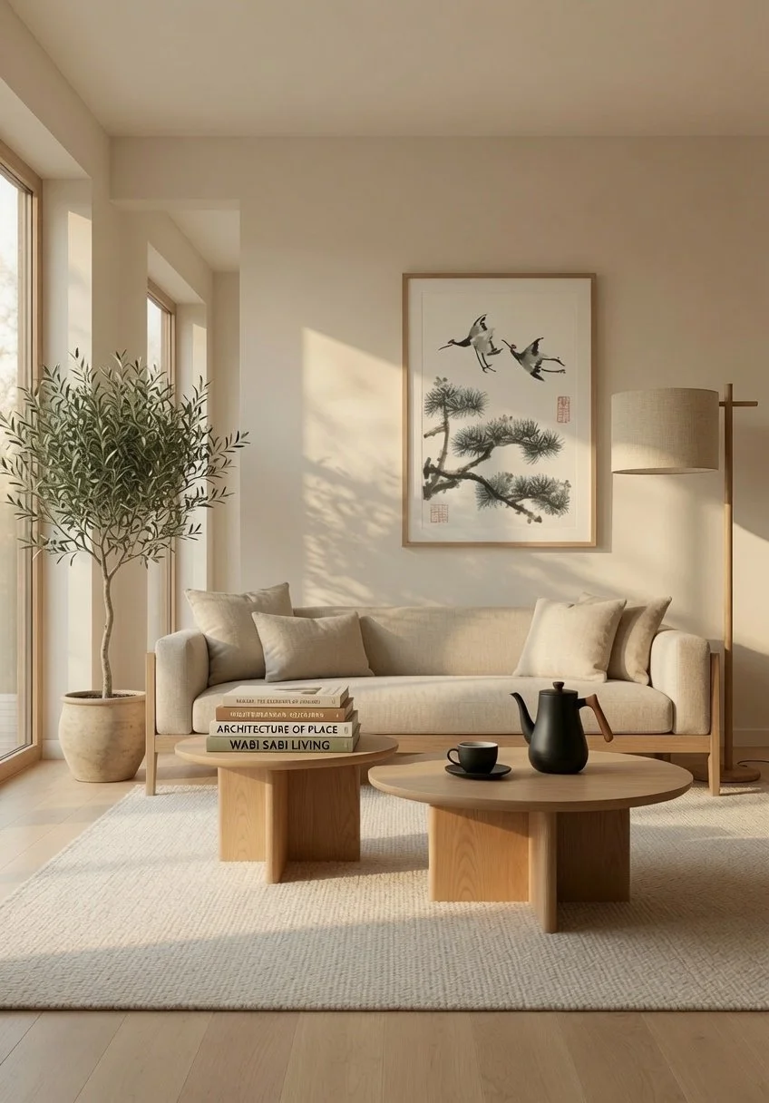 Living room with a beige sofa, a potted olive tree, books on a wooden coffee table, a black teapot and cup, a framed Asian-style art piece on the wall, and a tall standing lamp, all lit by natural sunlight.