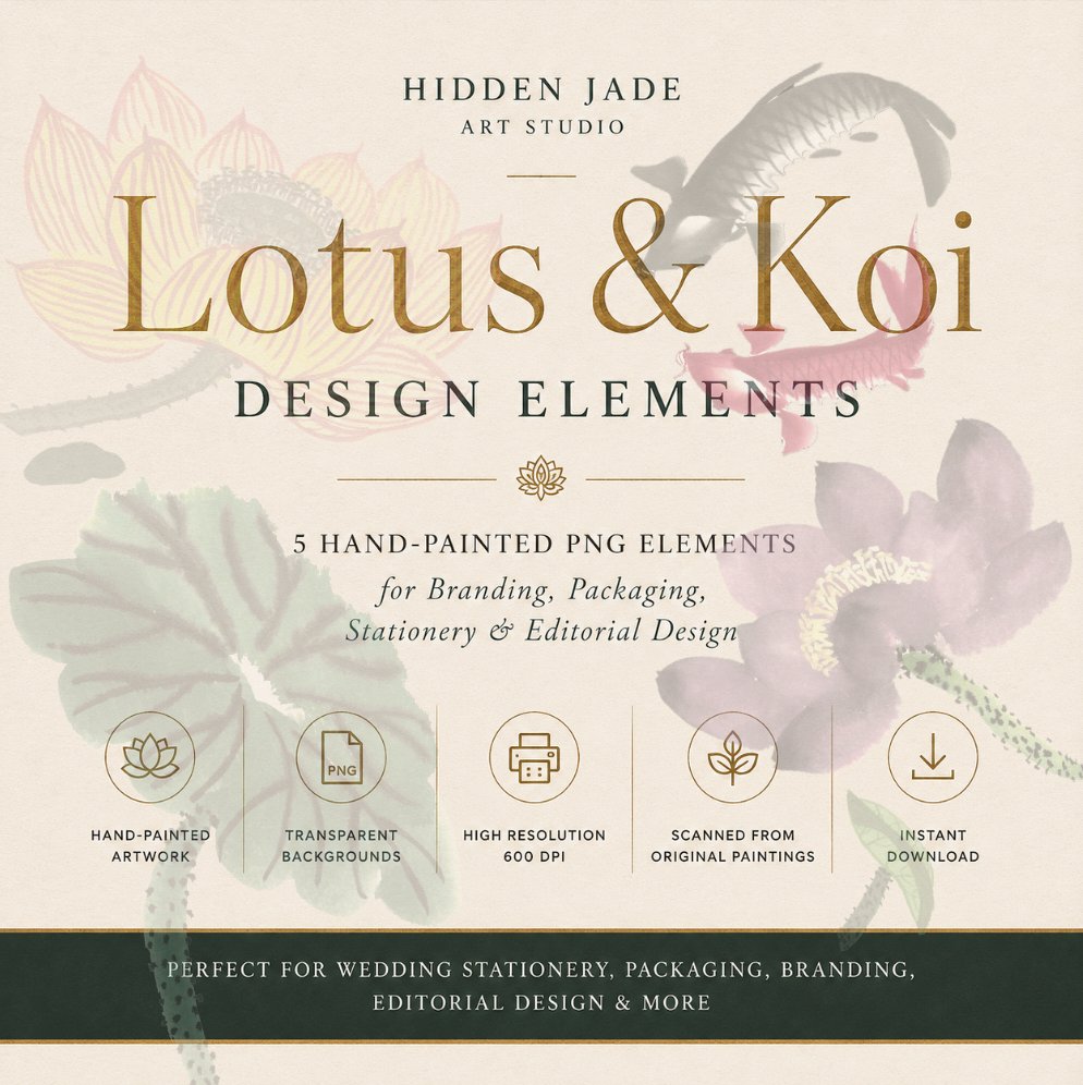 Cover of a design elements collection titled "Lotus & Koi" by Hidden Jade Art Studio, featuring hand-painted lotus flowers and koi fish in soft pastel colors, with descriptions of graphic elements included.