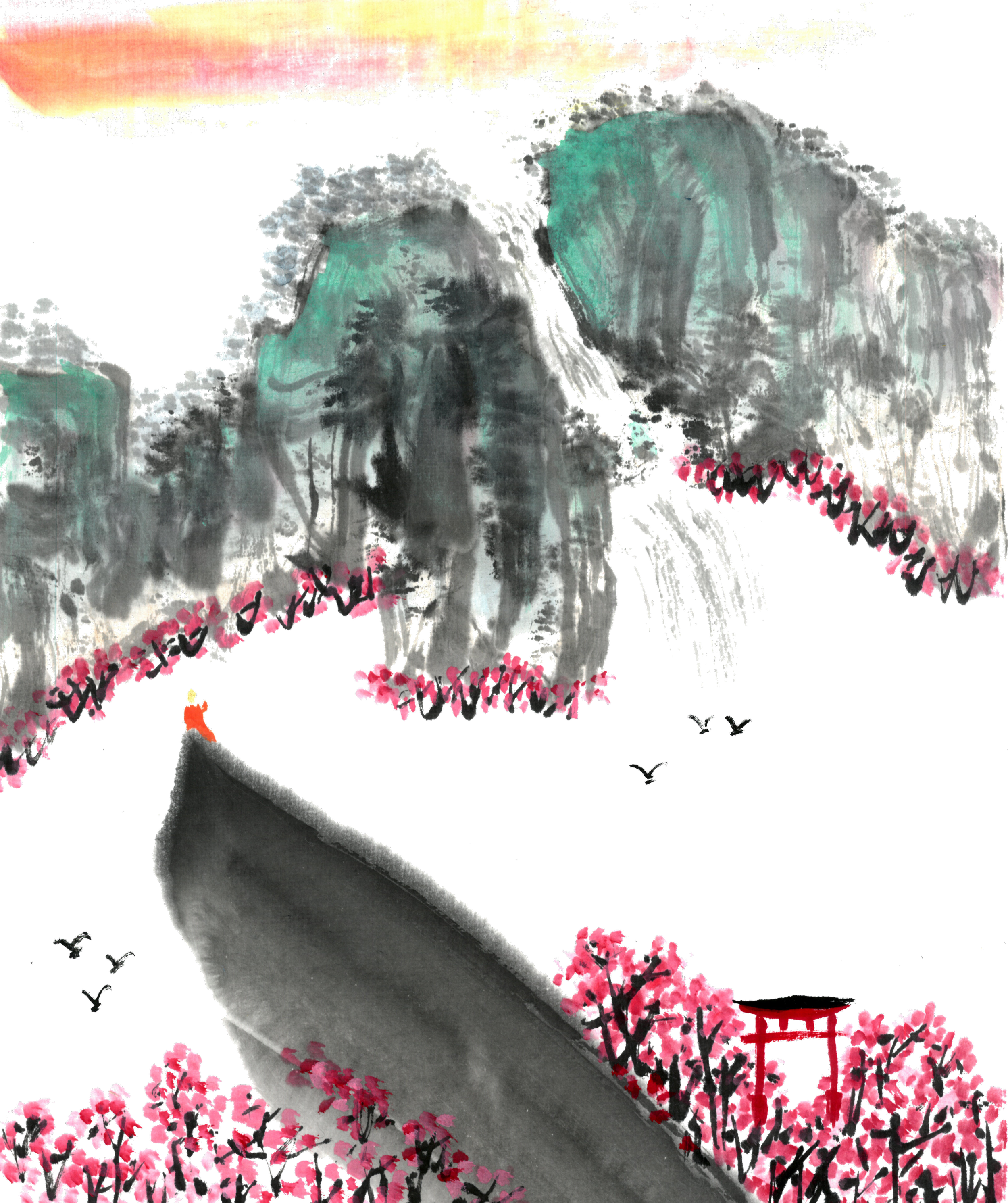 Artwork featuring Mount Fuji with cherry blossoms in the foreground, painted in a traditional Japanese style with soft pastel colors and ink wash effects.
