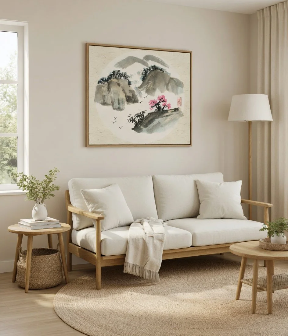 A living room with a white couch, wooden coffee table, side table with a plant, floor lamp, window, and a Chinese landscape painting on the wall.
