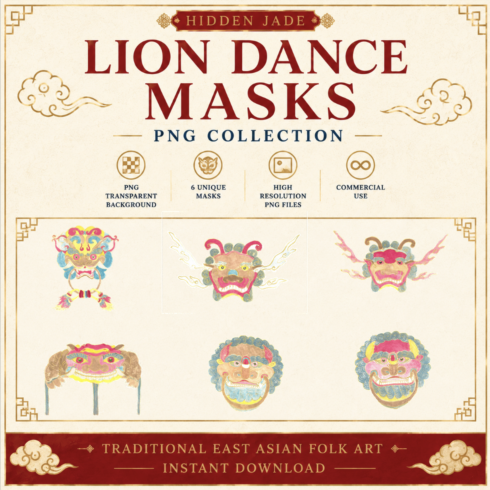 A collection of traditional East Asian folk art masks with colorful designs, dragon themes, and intricate details, intended for instant download.