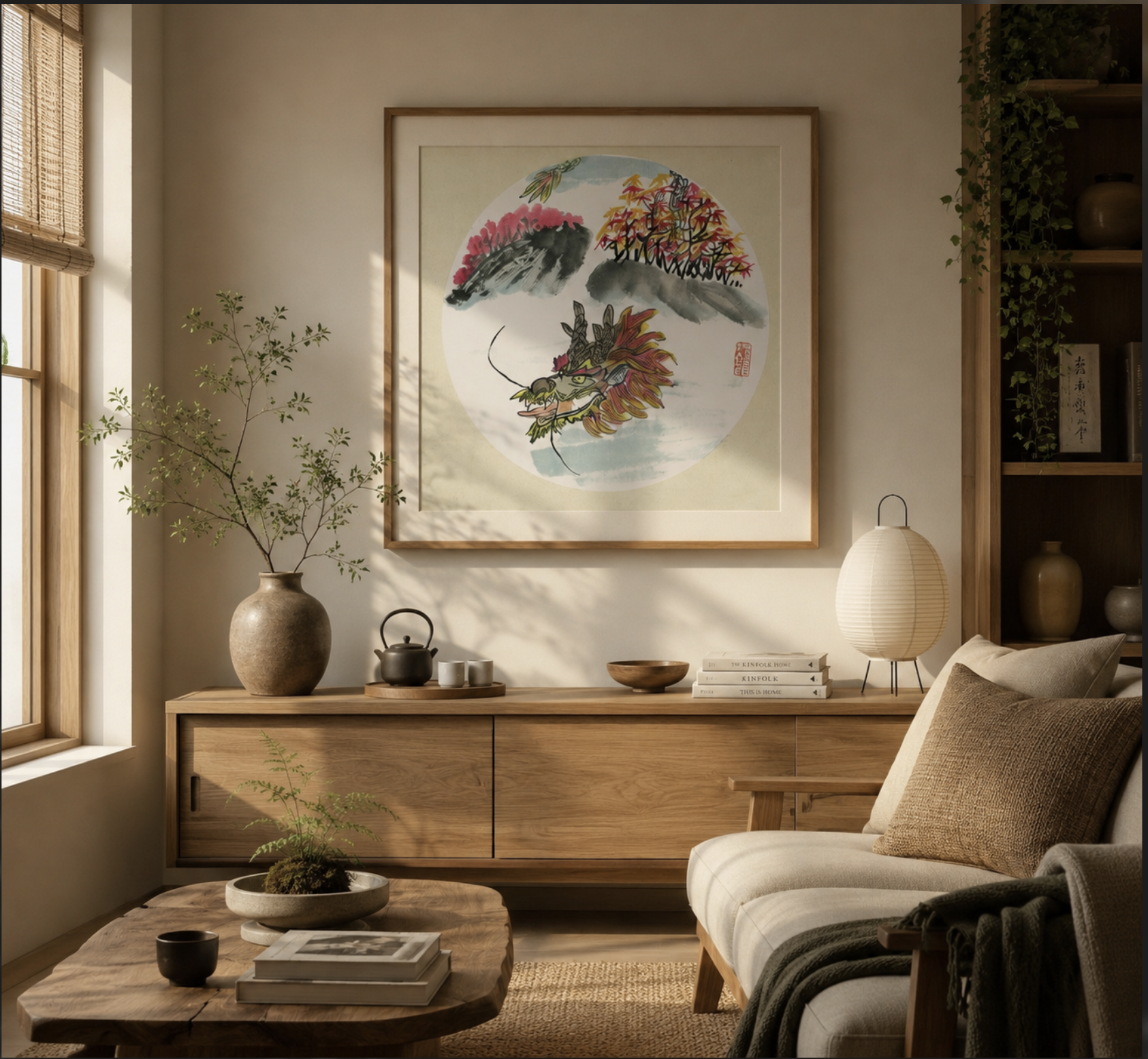 Interior of a room with beige walls, featuring a framed Asian-style painting of a dragon, a wooden sideboard, potted plants, a table with books and decor, and a sitting area with a beige cushion and throw blanket.