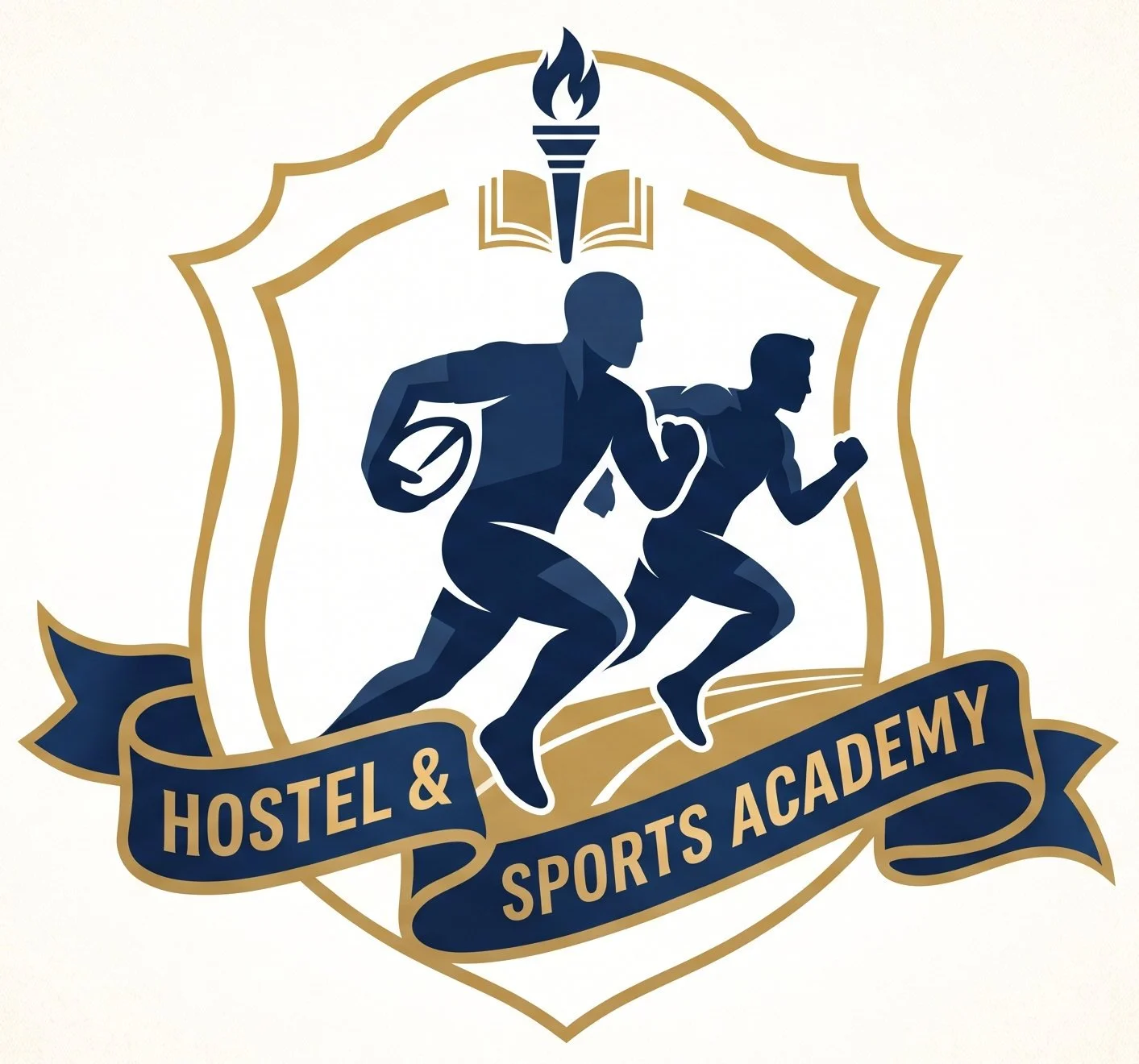 Logo of a sports academy featuring two athletes running, a torch with a flame, an open book, and a banner reading 'Hostel & Sports Academy' in blue and gold colors.