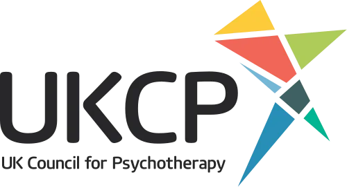 UKCP logo with colorful geometric kite-like design and text 'UKCP UK Council for Psychotherapy'.