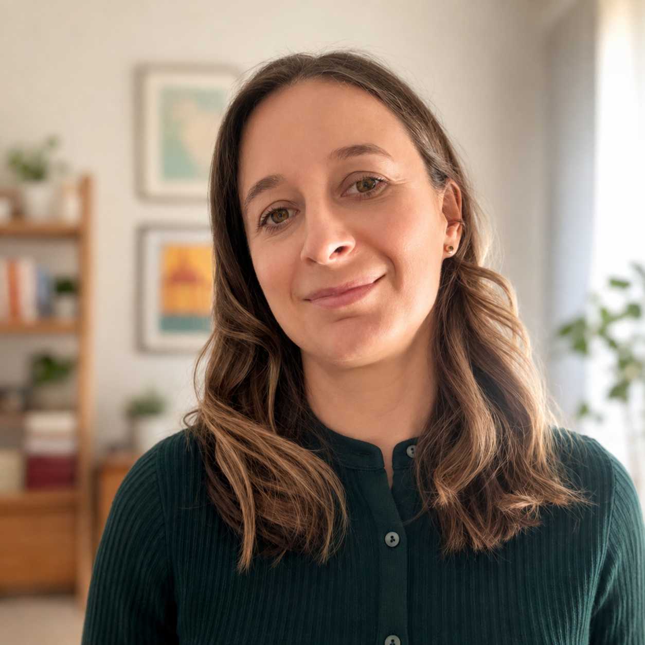 Close-up of a woman with wavy brown hair and brown eyes, smiling gently indoors, wearing a dark green button-up top, with blurred framed pictures and plants in the background.