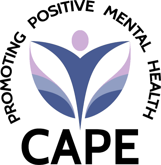 Logo with a stylized butterfly and the words "Promoting Positive Mental Health" around it, and "CAPE" written below.