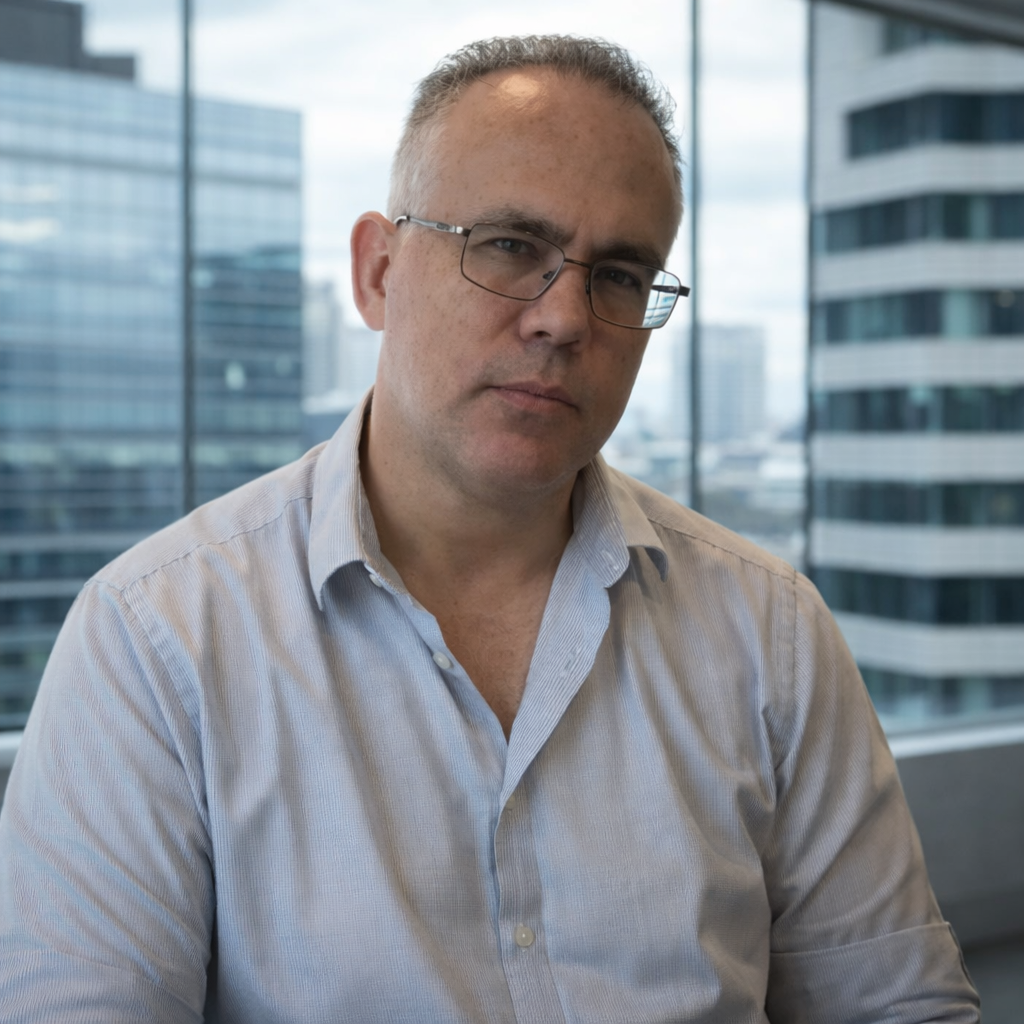 A man wearing glasses and a light-colored collared shirt in an office with large windows showing city buildings.