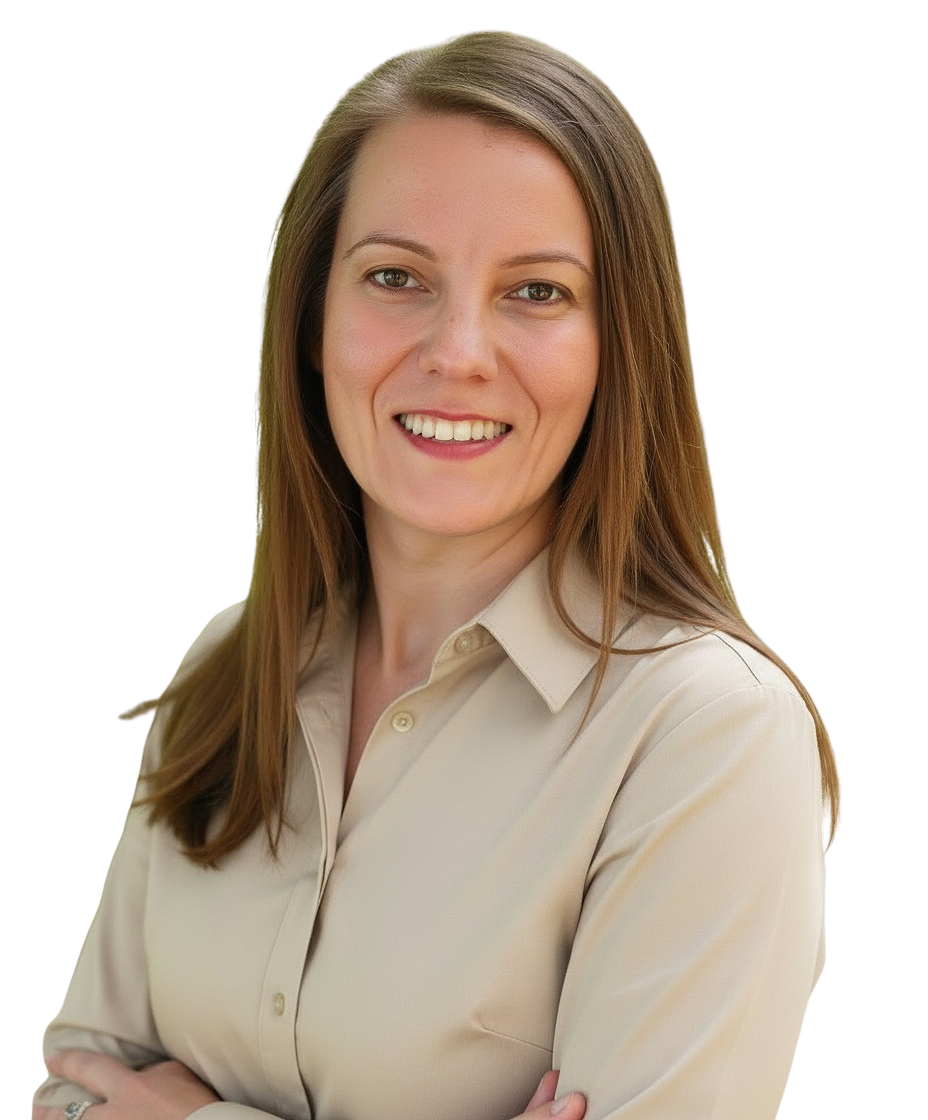 A woman with long, straight light brown hair smiling, wearing a beige button-up shirt, standing against a plain background.