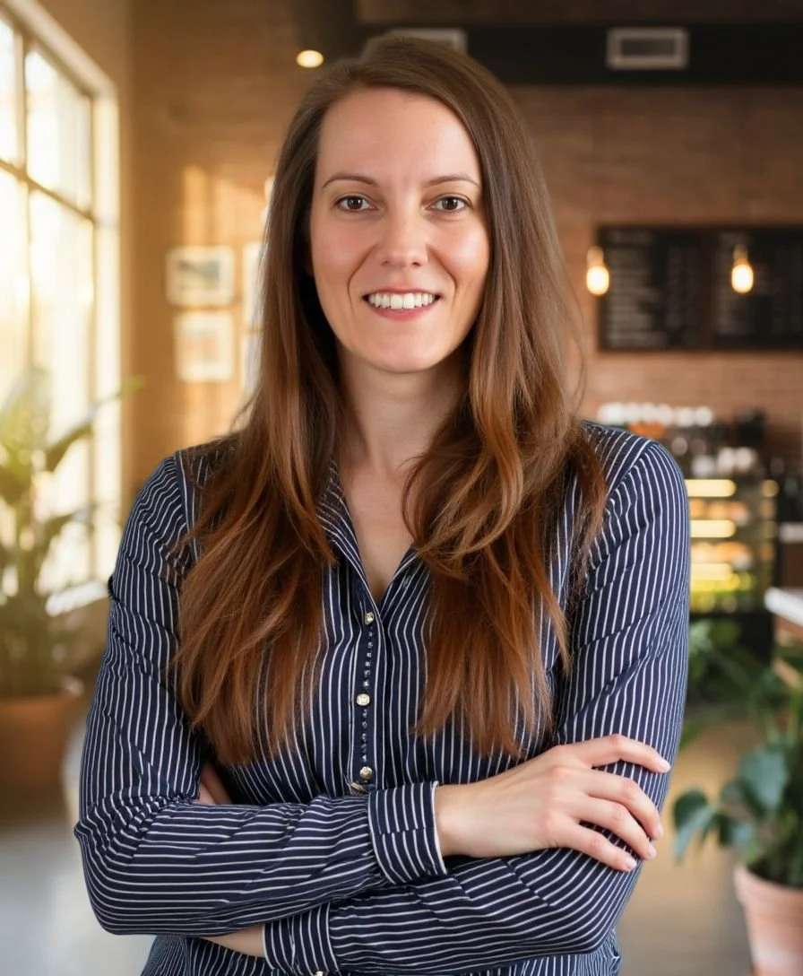 A woman with long, wavy brown hair, smiling, standing indoors in front of a window inside a café or coffee shop.