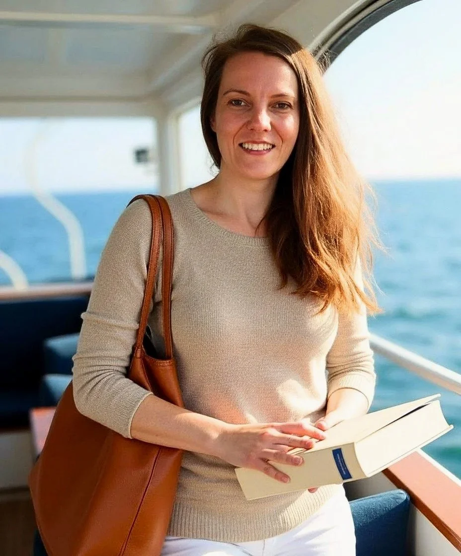 A woman with long brown hair, smiling, holding a book, and carrying a brown shoulder bag, standing inside a boat with the ocean in the background.