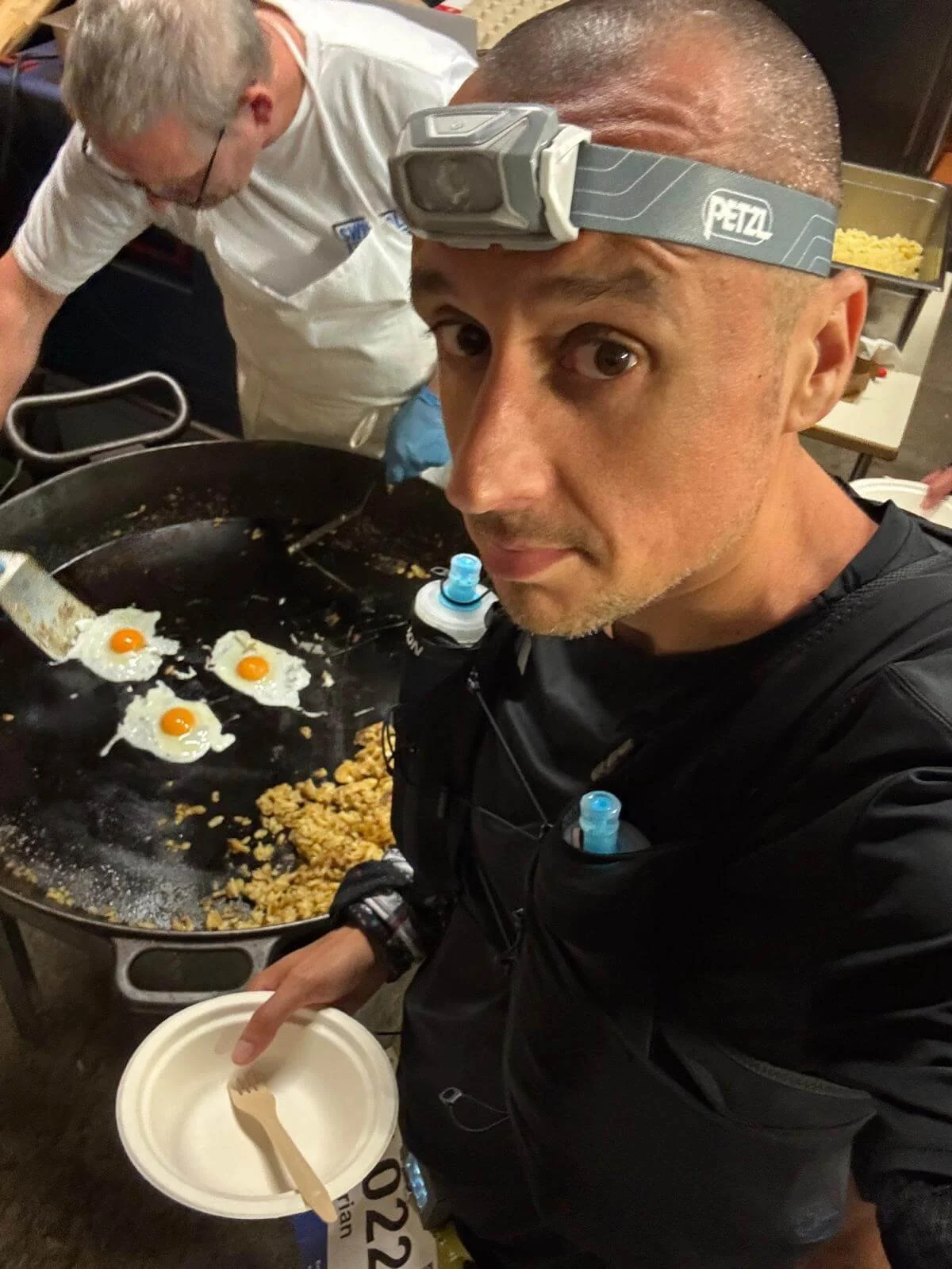 Having some spetzl with eggs at the Chäserstatt checkpoint during the Swiss Alps 100
