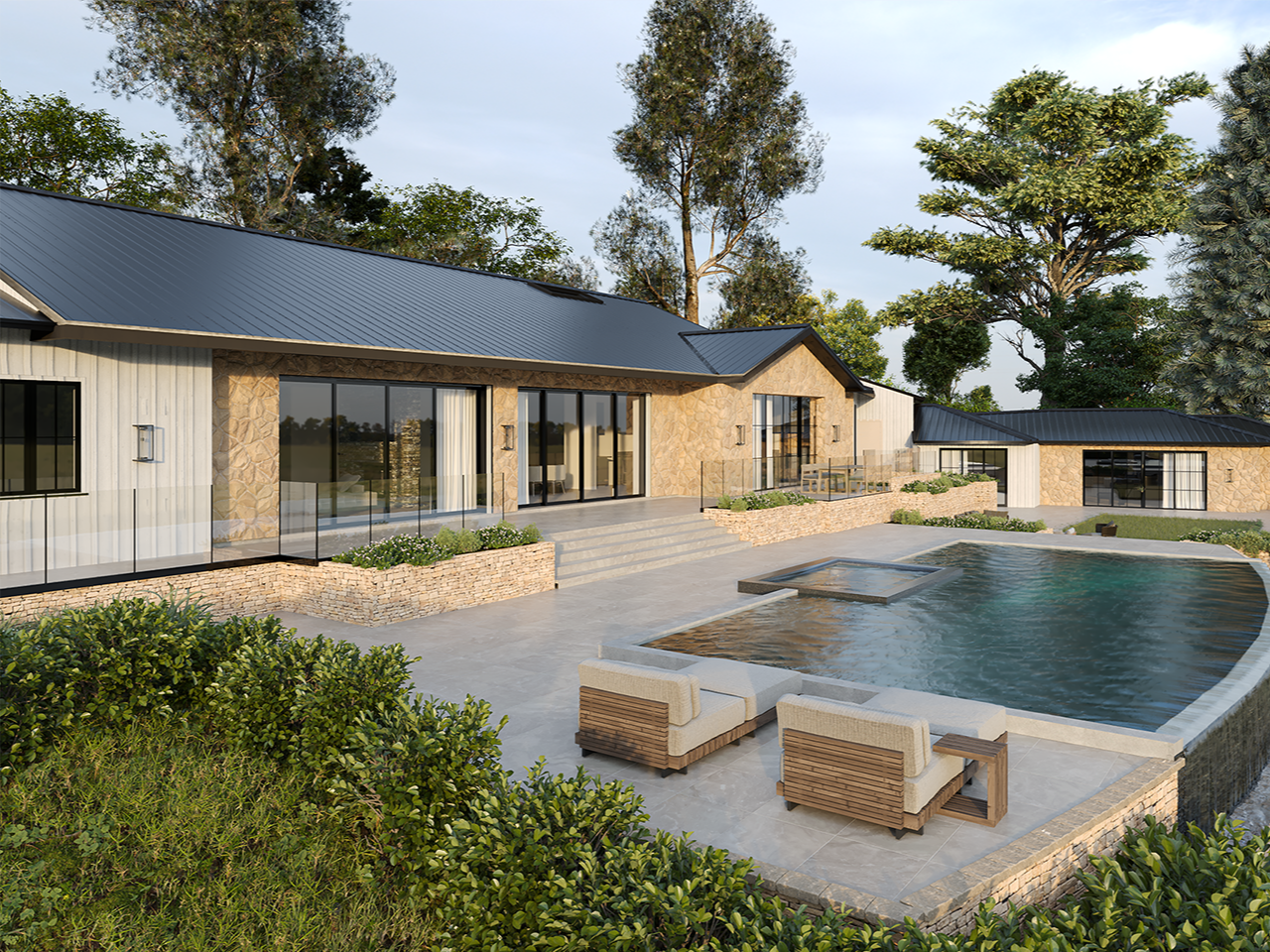 Custom residential design showcasing expansive glazing, natural materials, and thoughtfully integrated landscape architecture.