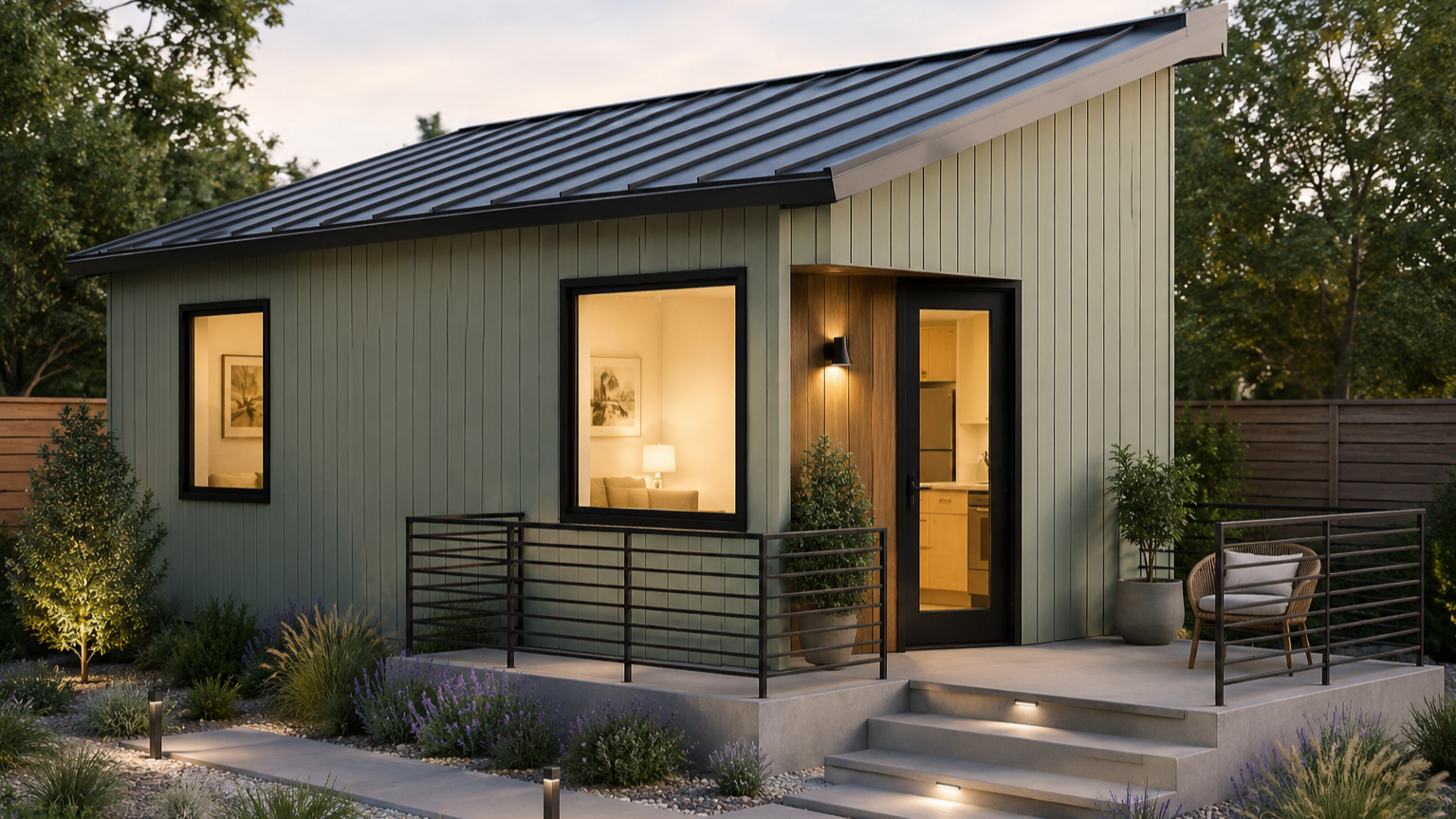 Modern accessory dwelling unit (ADU) featuring contemporary residential architecture, efficient space planning, and inviting outdoor living areas.