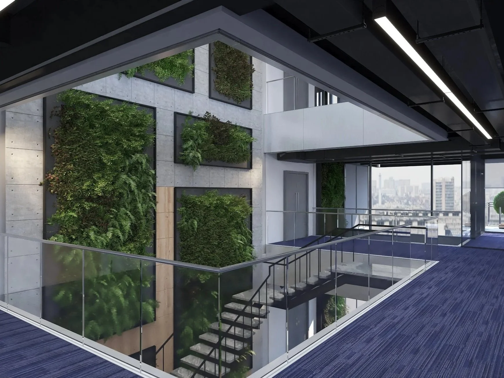 Contemporary interior atrium featuring biophilic design, expansive glazing, open circulation, and abundant natural light.