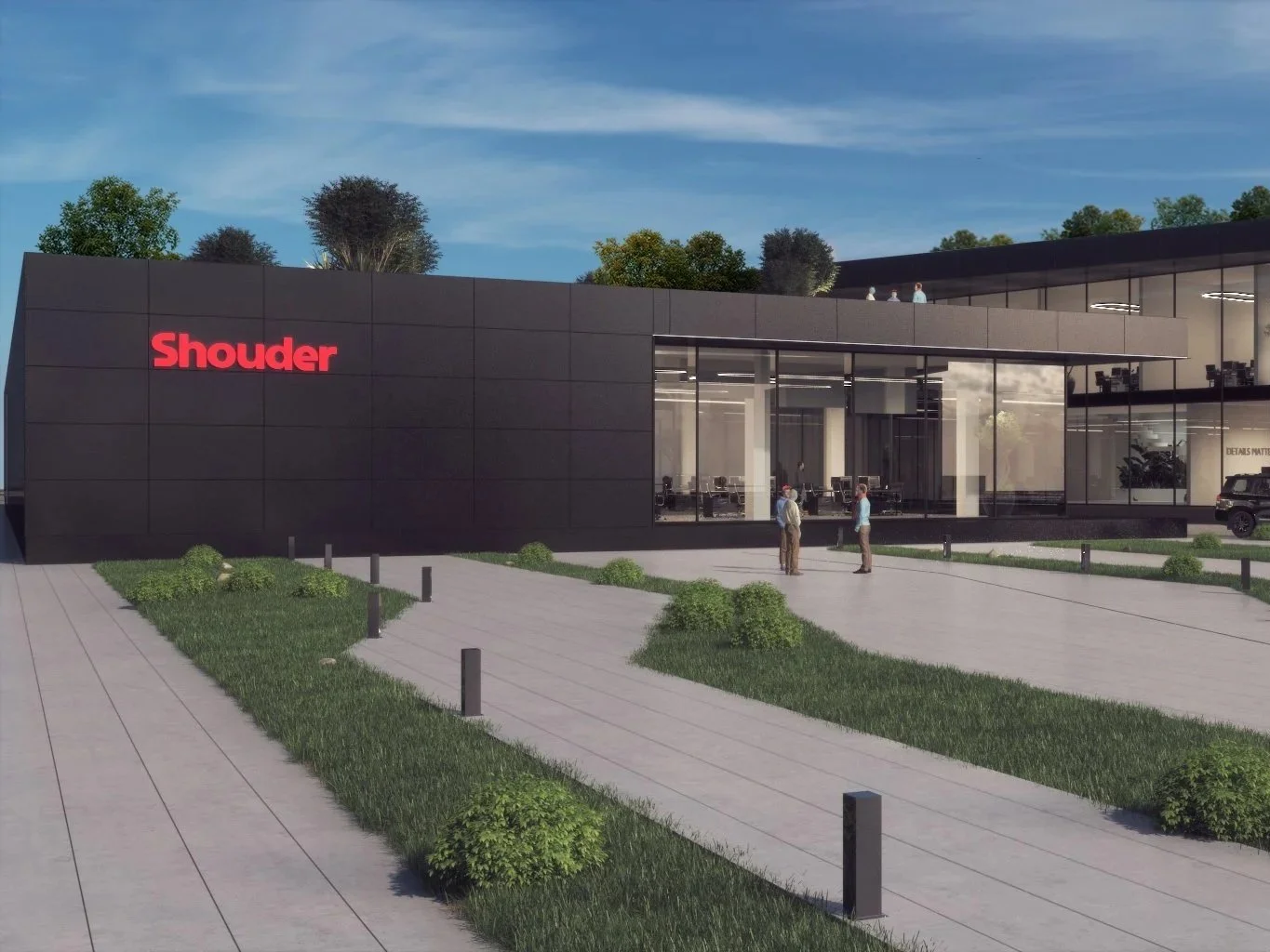 Contemporary commercial building featuring a modern façade, clean architectural lines, and thoughtfully integrated landscape design.
