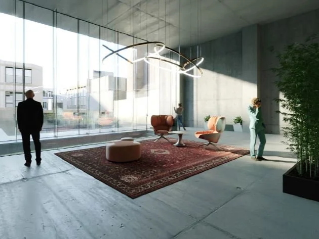 Modern workplace interior designed with open planning, premium finishes, and a bright, flexible work environment.