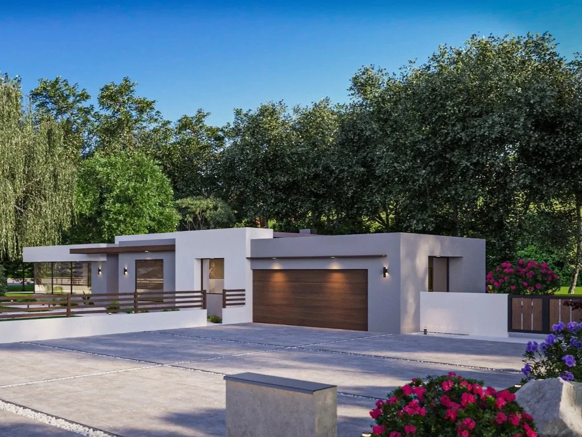 Custom residential architecture showcasing a modern single-story design with refined proportions and seamless indoor-outdoor living.
