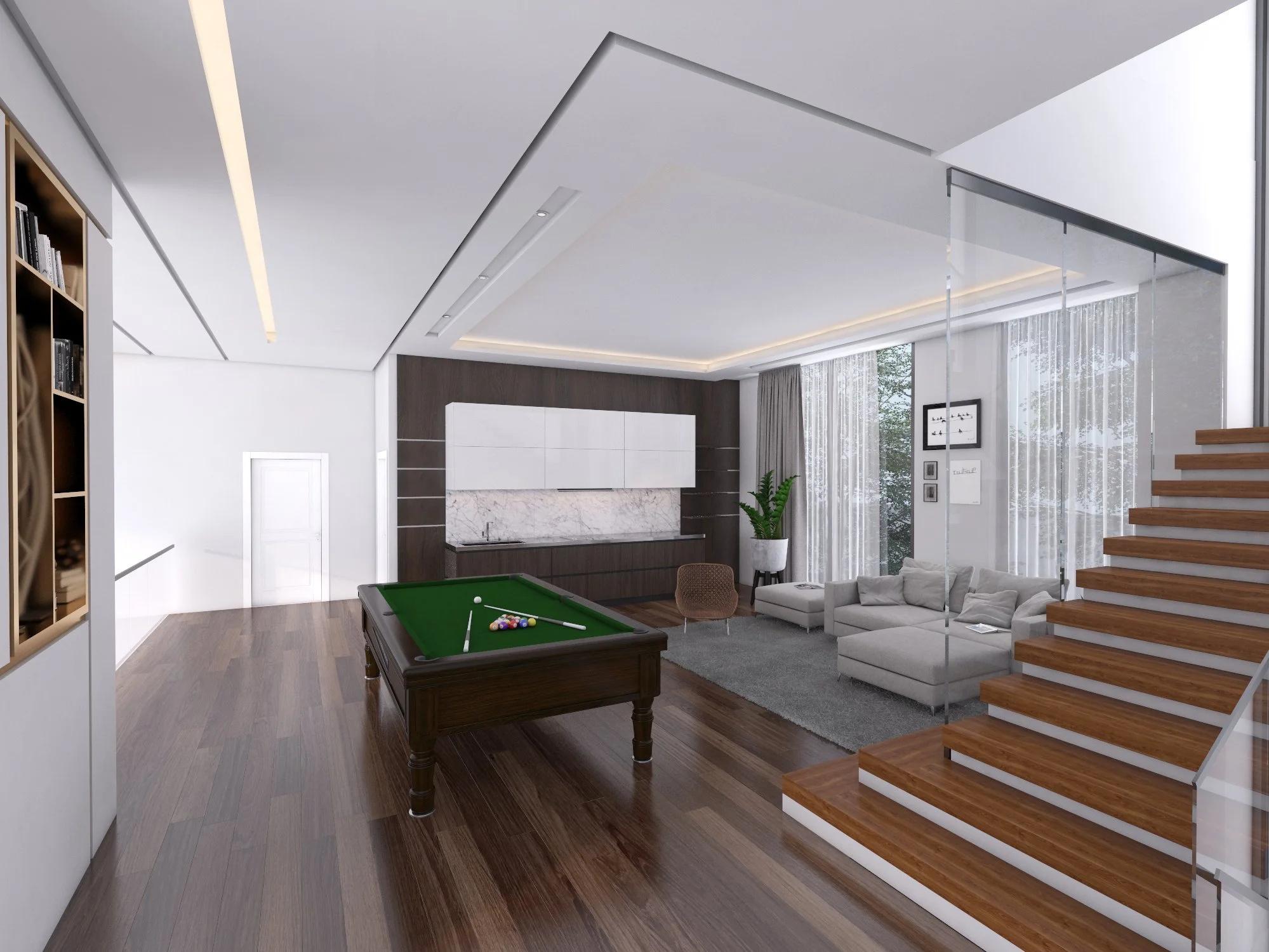Contemporary residential interior designed by Mahsa Mardaneh Architecture featuring an open-plan living space, custom staircase, natural light, and modern finishes.