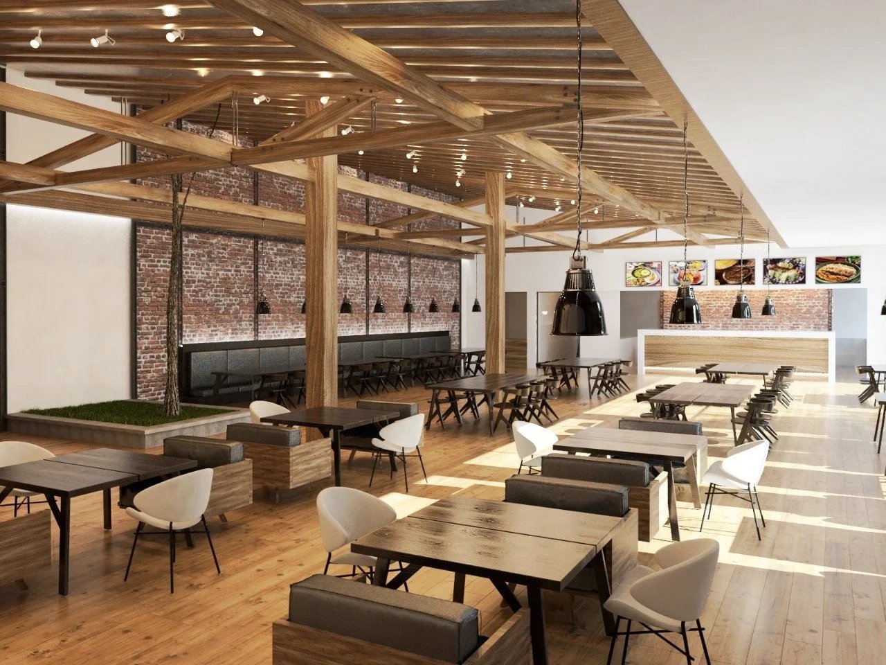 Contemporary hospitality interior featuring warm natural materials, open dining spaces, exposed structural elements, and thoughtfully integrated lighting design.