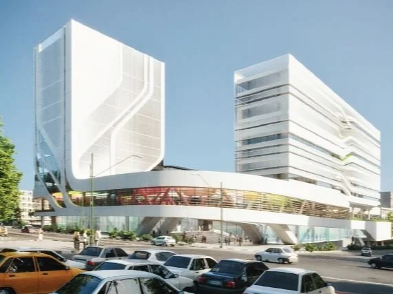 Modern commercial architecture showcasing expressive glass façades, sustainable design principles, and a vibrant mixed-use environment.