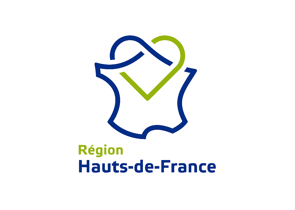 Logo de la région Hauts-de-France avec une carte stylisée et un cœur, utilisant les couleurs bleu et vert.