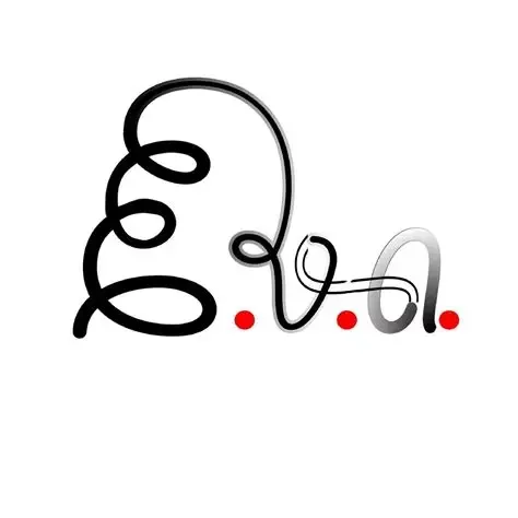 Une création artistique graphique représentant les lettres 'L', 'V', et 'A' stylisées avec des lignes noires, gris et des points rouges comme décorations.