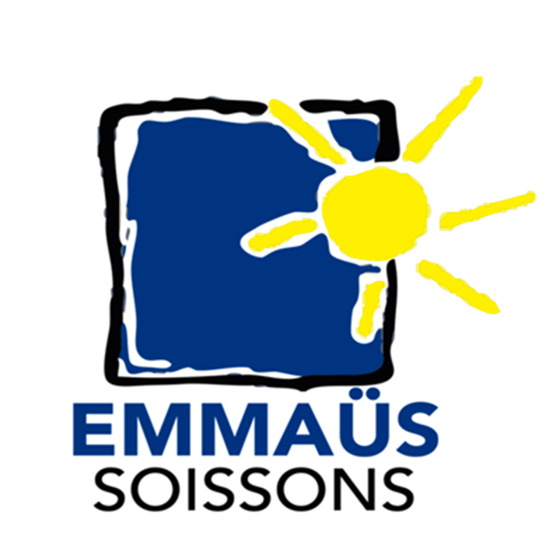 Logo d'une école ou organisation appelée 'Emmaüs Soissons' avec un carré bleu, un soleil jaune et le texte en bleu et noir.