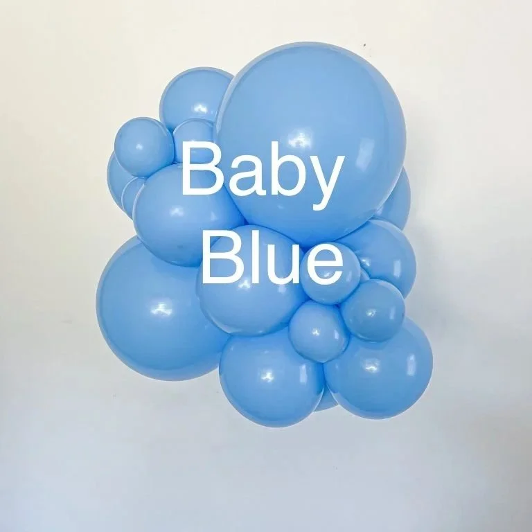 A cluster of blue balloons with the text "Baby Blue" overlayed on them.