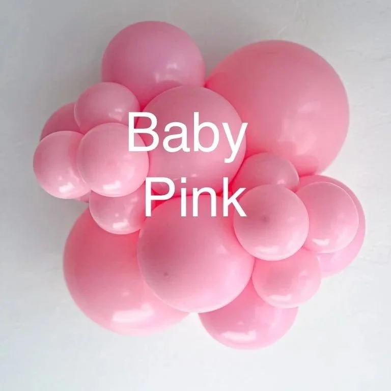 Cluster of pink balloons with the text 'Baby Pink' overlaid on the image.