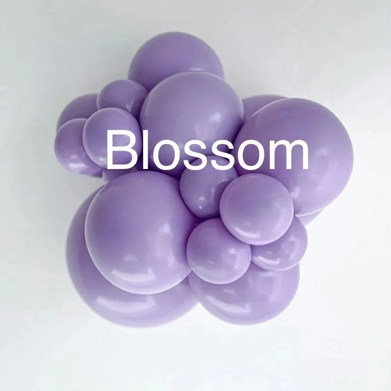 A cluster of purple balloons of various sizes with the word 'Blossom' overlaid in white text.