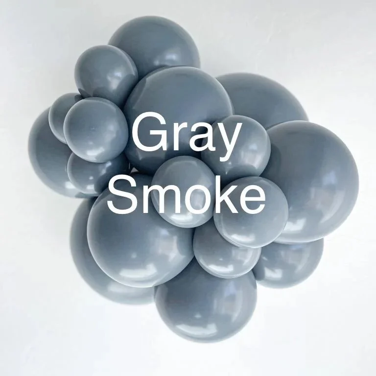 Cluster of gray balloons with the words 'Gray Smoke' overlaid in white text.