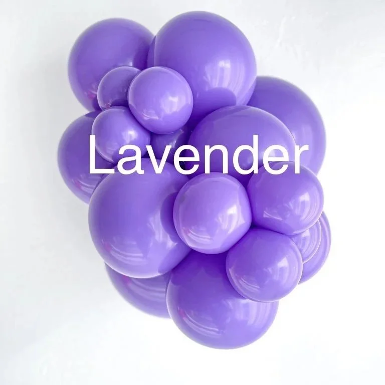 A cluster of purple balloons with the word 'Lavender' written across the middle.