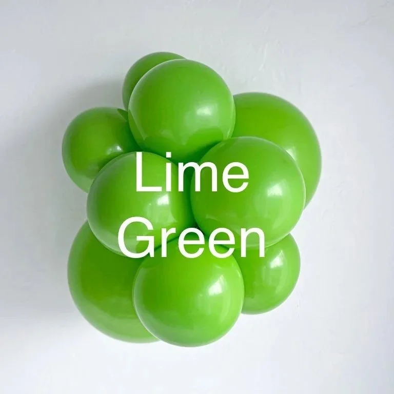 Cluster of green balloons with the words "Lime Green" written over them.
