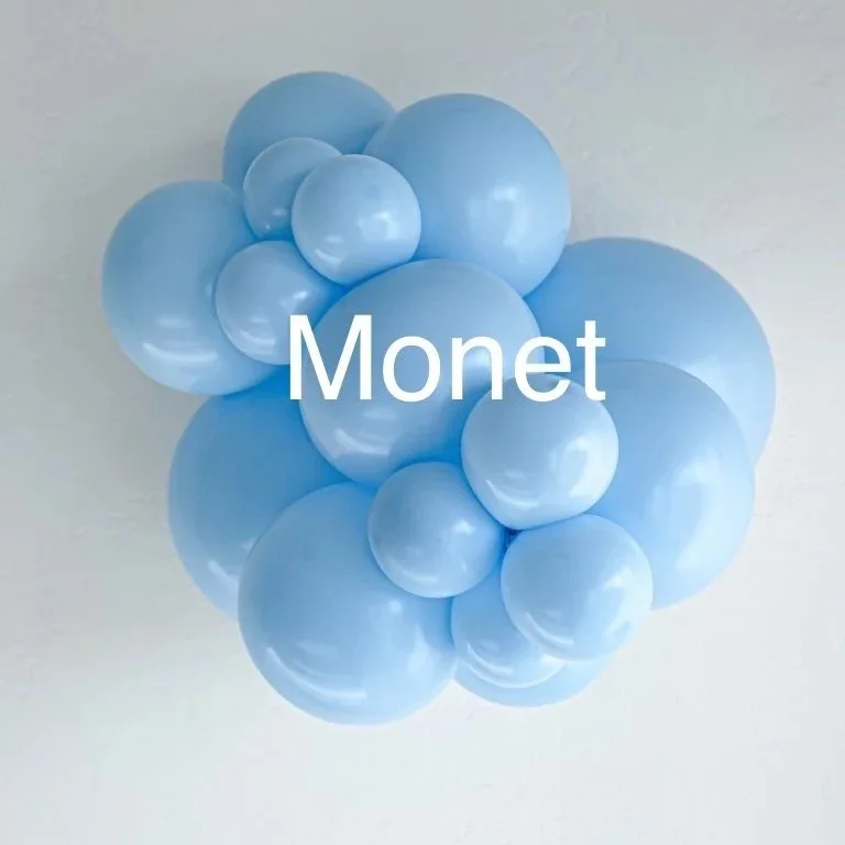 A cluster of blue balloons arranged on a ceiling with the word 'Monet' overlaid in white text.