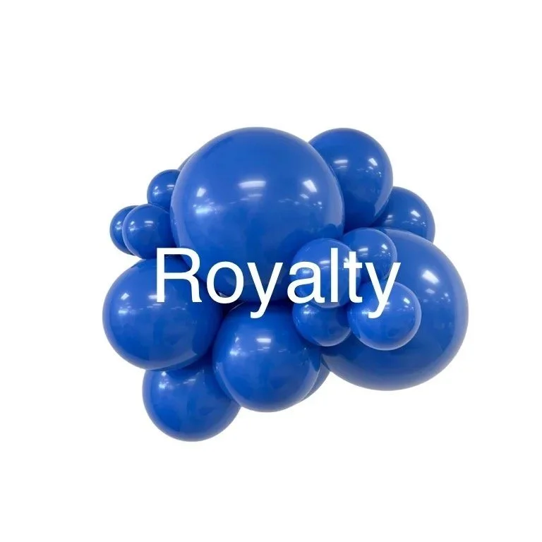 Cluster of navy blue balloons with the word 'Royalty' written across them.