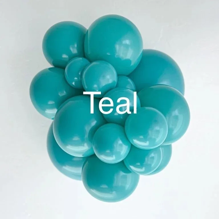 A cluster of teal-colored balloons with the word 'Teal' written across the middle.