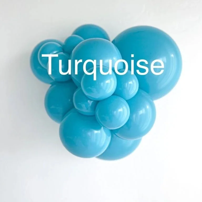 Cluster of shiny turquoise balloons arranged together with the word 'Turquoise' written across them.