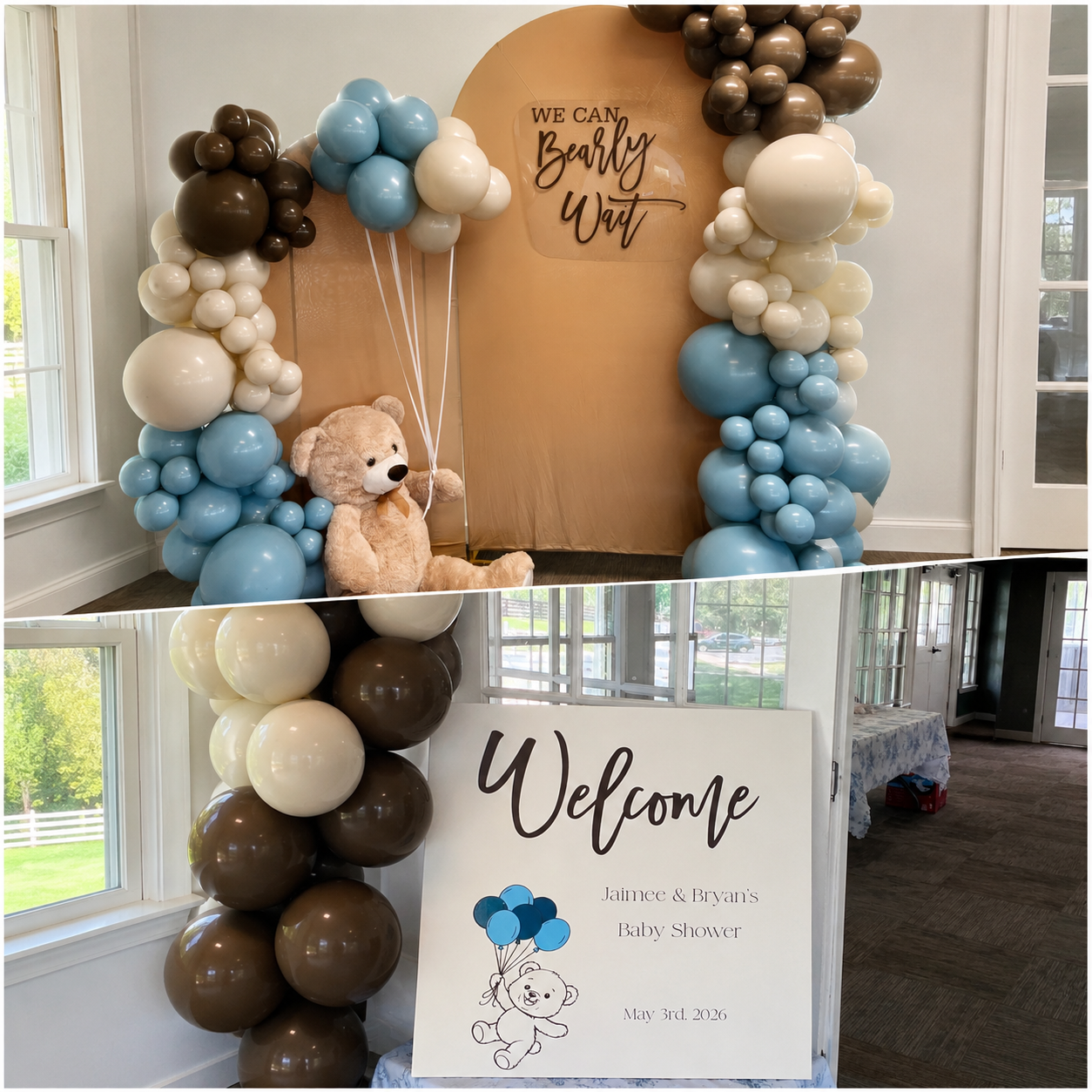 Decorative balloon arch with brown, white, and light blue balloons, surrounding a teddy bear holding balloons, for a baby shower. A sign on the arch reads, 'We can barely wait.' A separate welcome sign with a teddy bear illustration welcomes guests to Jaimee and Bryan's baby shower on May 3rd, 2026.