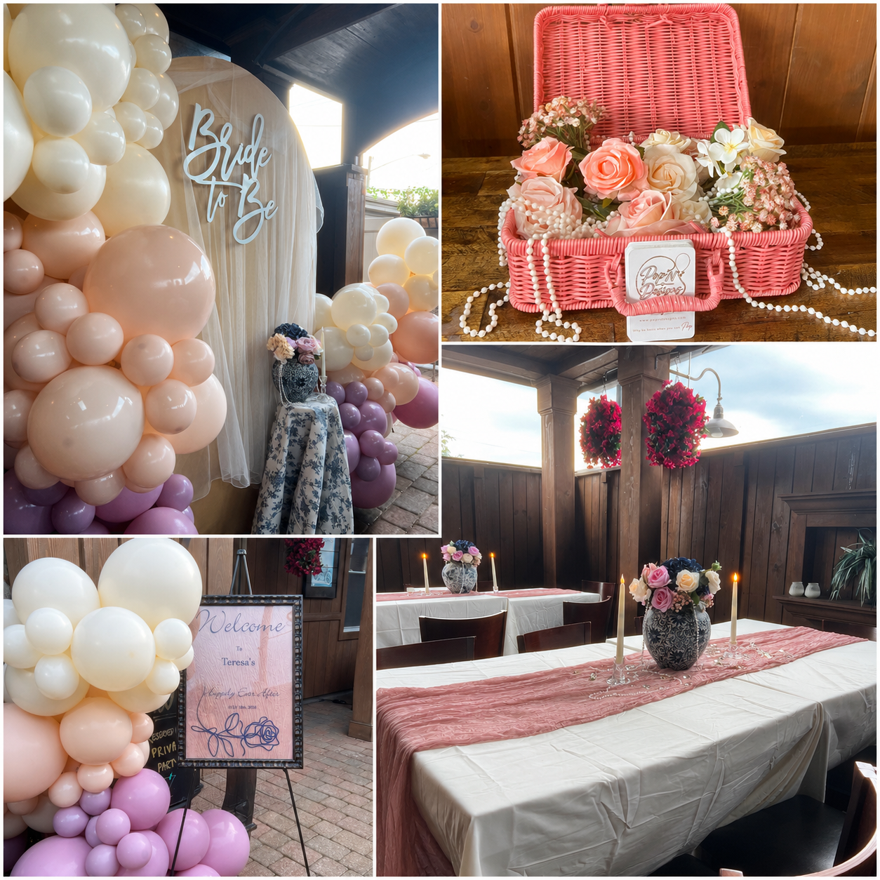 Decorations and table setting for a bridal shower or celebration with pink, white, and purple balloons, floral arrangements, a pink wicker basket with flowers, and a wooden dining area with flower garlands, candles, and a welcome sign.