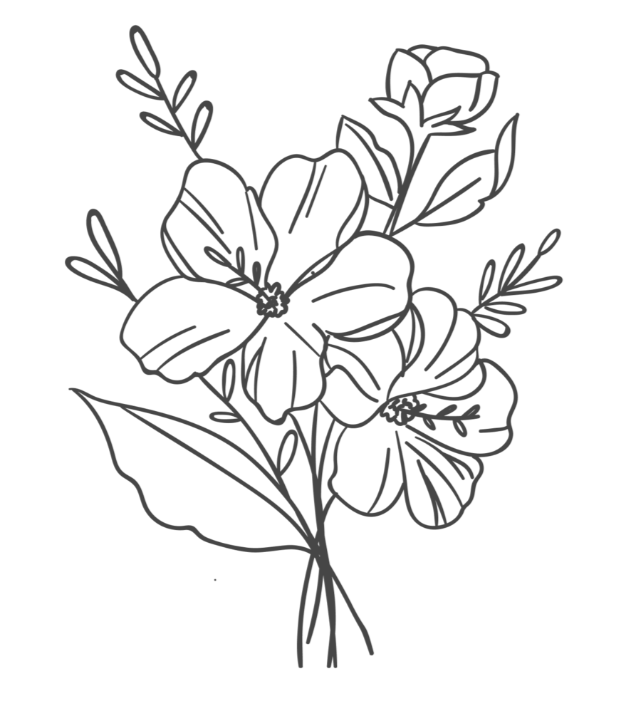 Line drawing of a flower bouquet with multiple blooms and leaves.