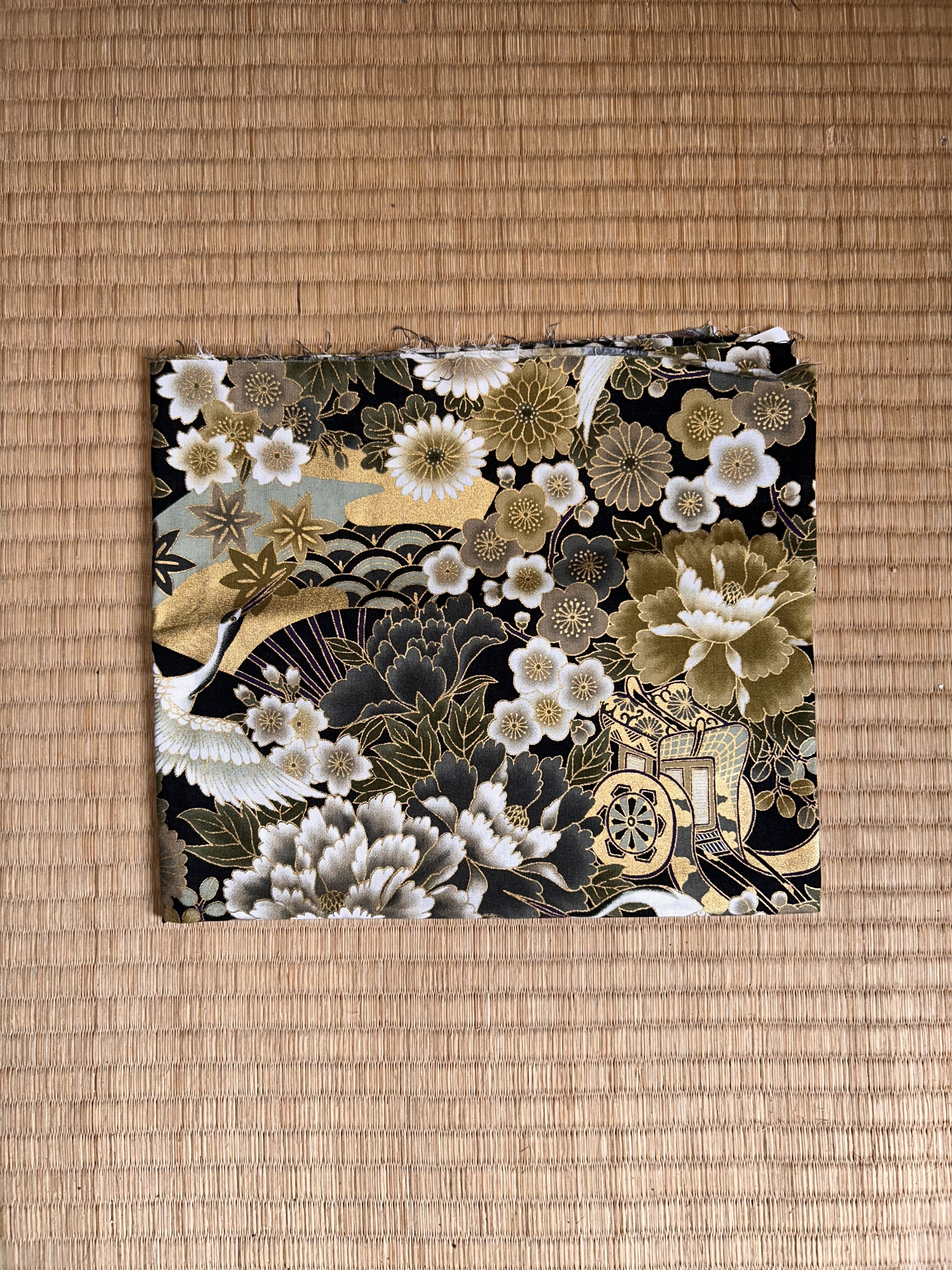 Gold Flower & Crane Fabric