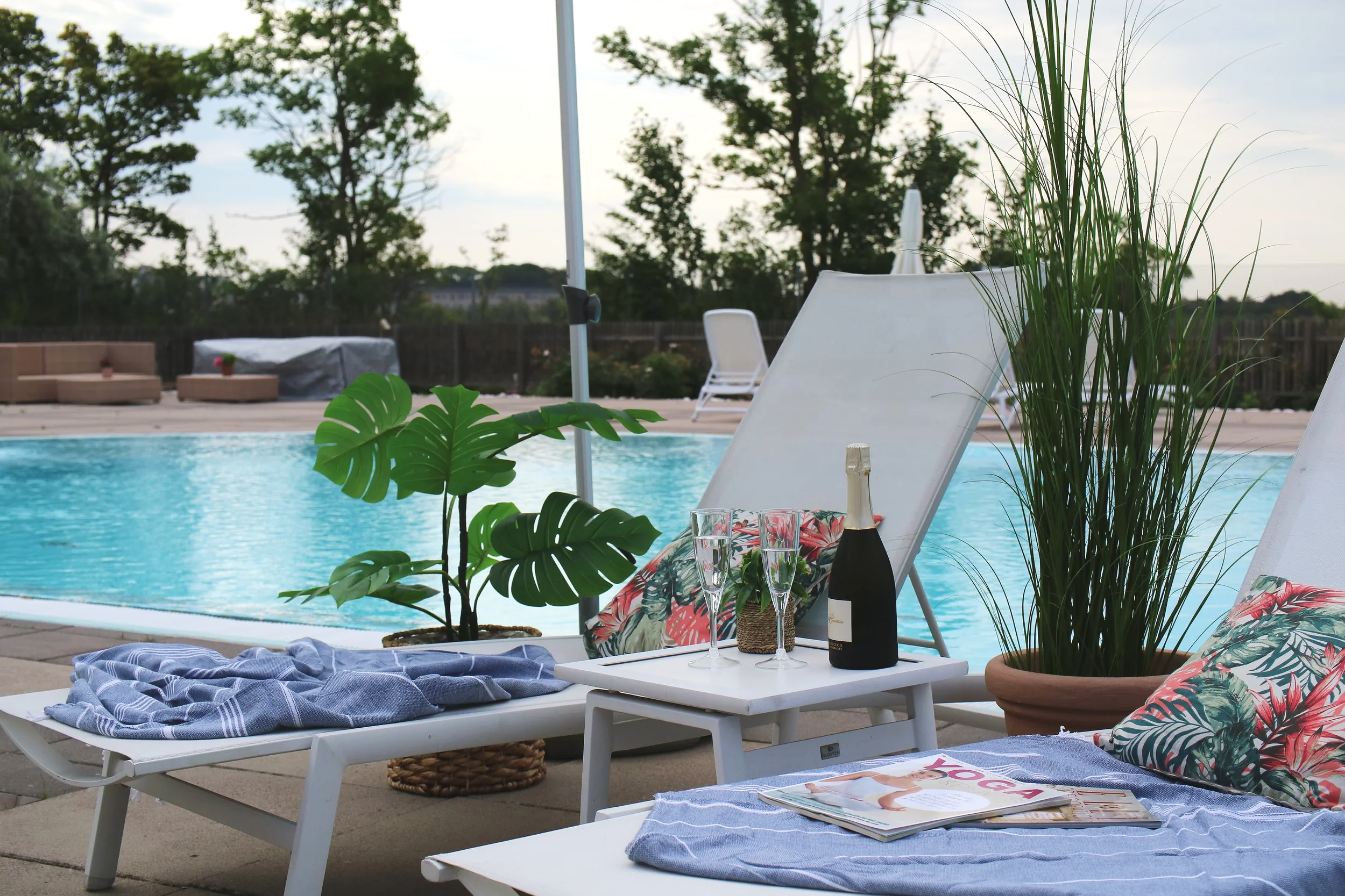 Poolside scene with lounge chairs, potted plants, a table with drinks and magazine, and a swimming pool in the background surrounded by trees.